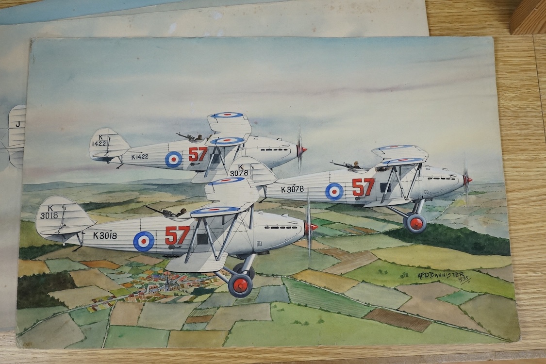A F D Bannister, set of four original watercolours for postcard designs, 1930's RAF aircraft to include Hawker Hart fighters, Fairey Hendon Bomber and Super Marine Scapa Flying Boat, two signed and dated 1935, 30 x 46cm,